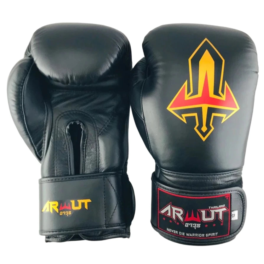 Black Arwut boxing gloves with a distinctive logo on a white background