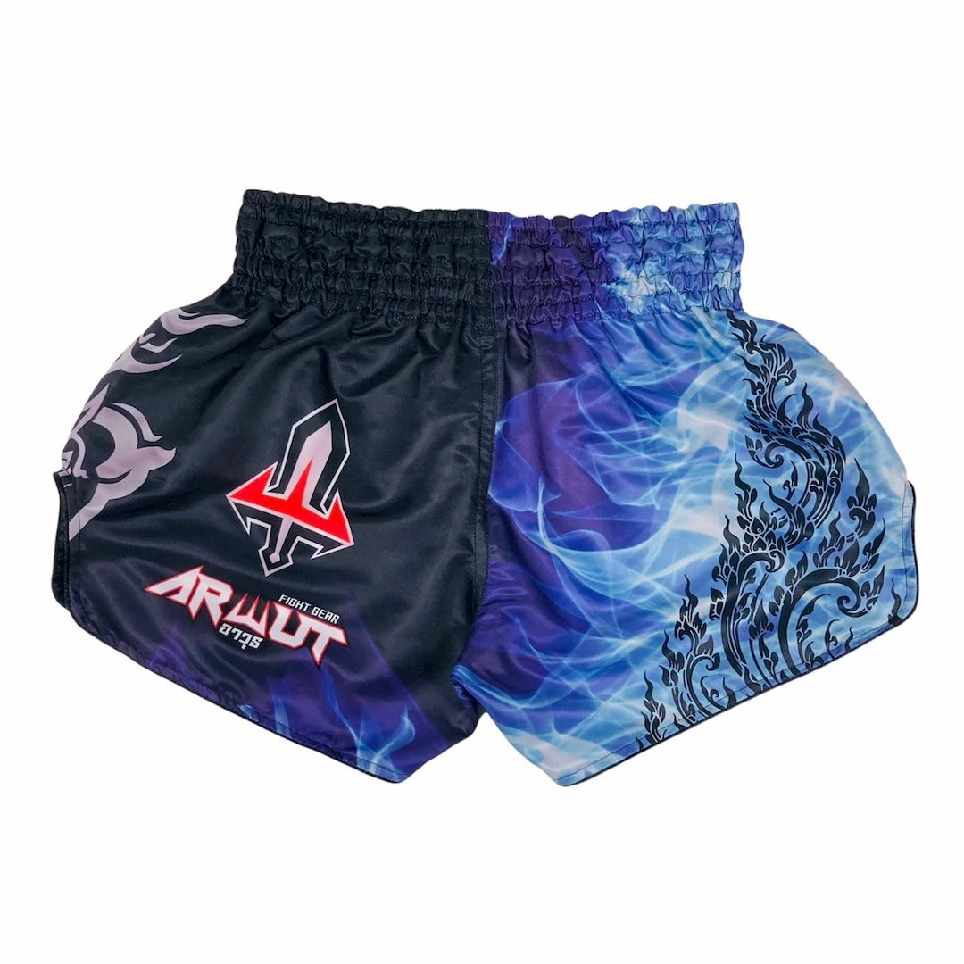 Black and blue Muay Thai boxing shorts with brand logo on a white background