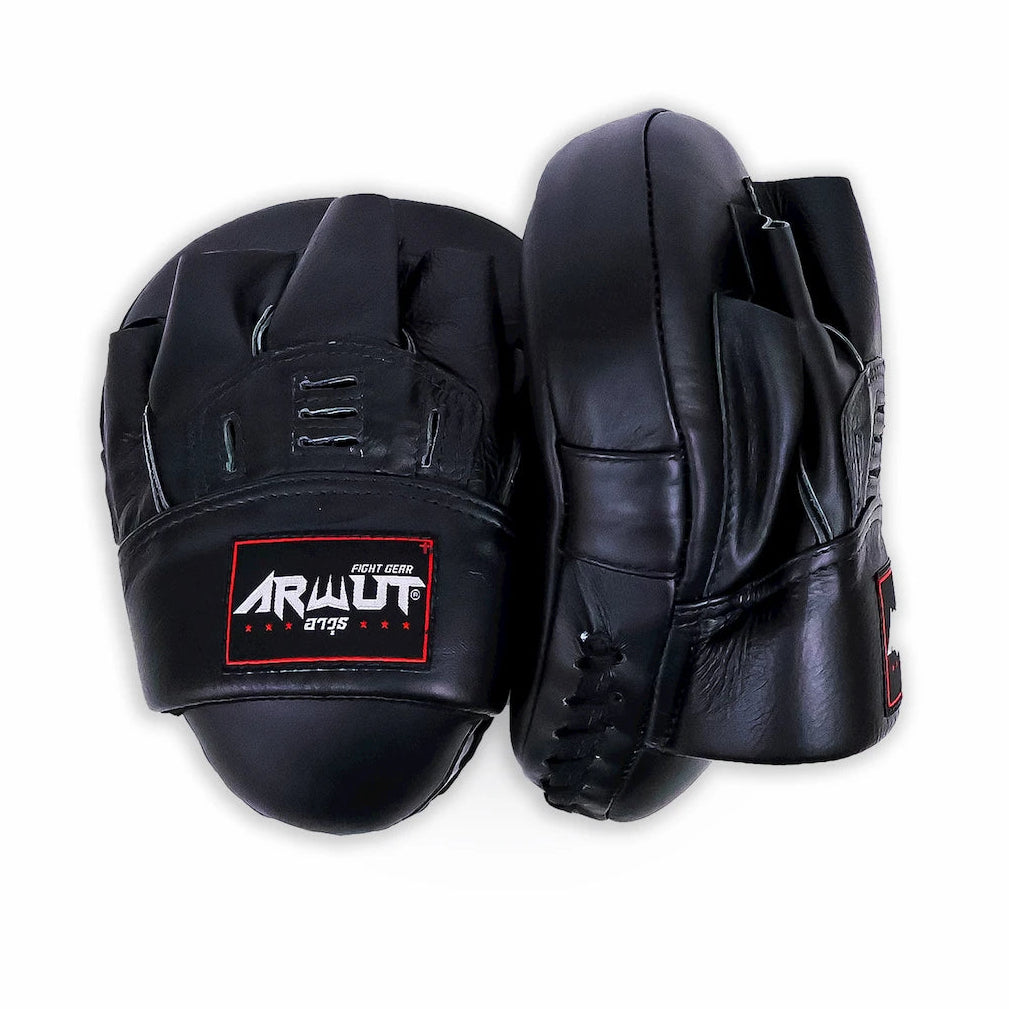 Black boxing pads with a visible brand logo on a white background