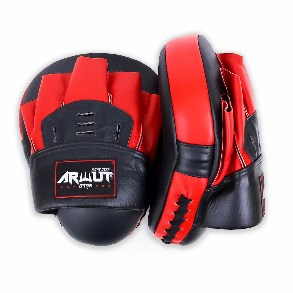 Black and red boxing mitts with 'Arwut' branding on a white background