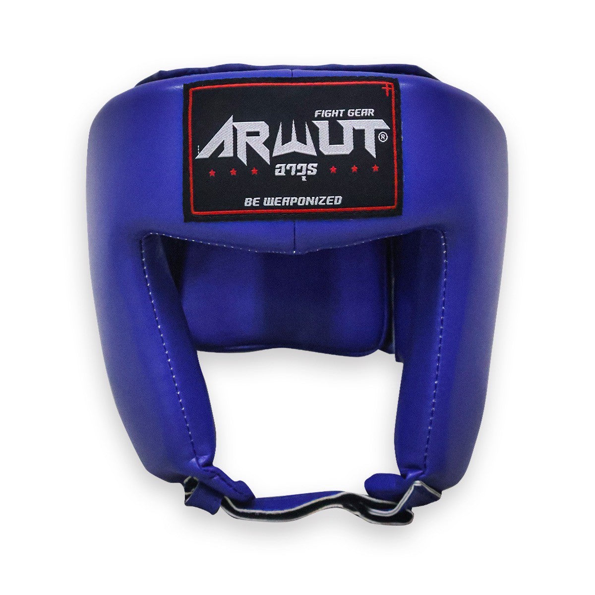Blue boxing headgear with Arwut Fight Gear logo on a white background