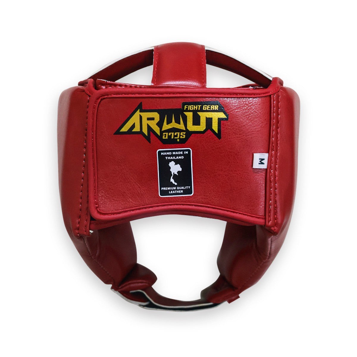 Red boxing headgear with 'Arwut Fight Gear' branding on a white background