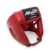 Red boxing helmet with a brand logo on a white background