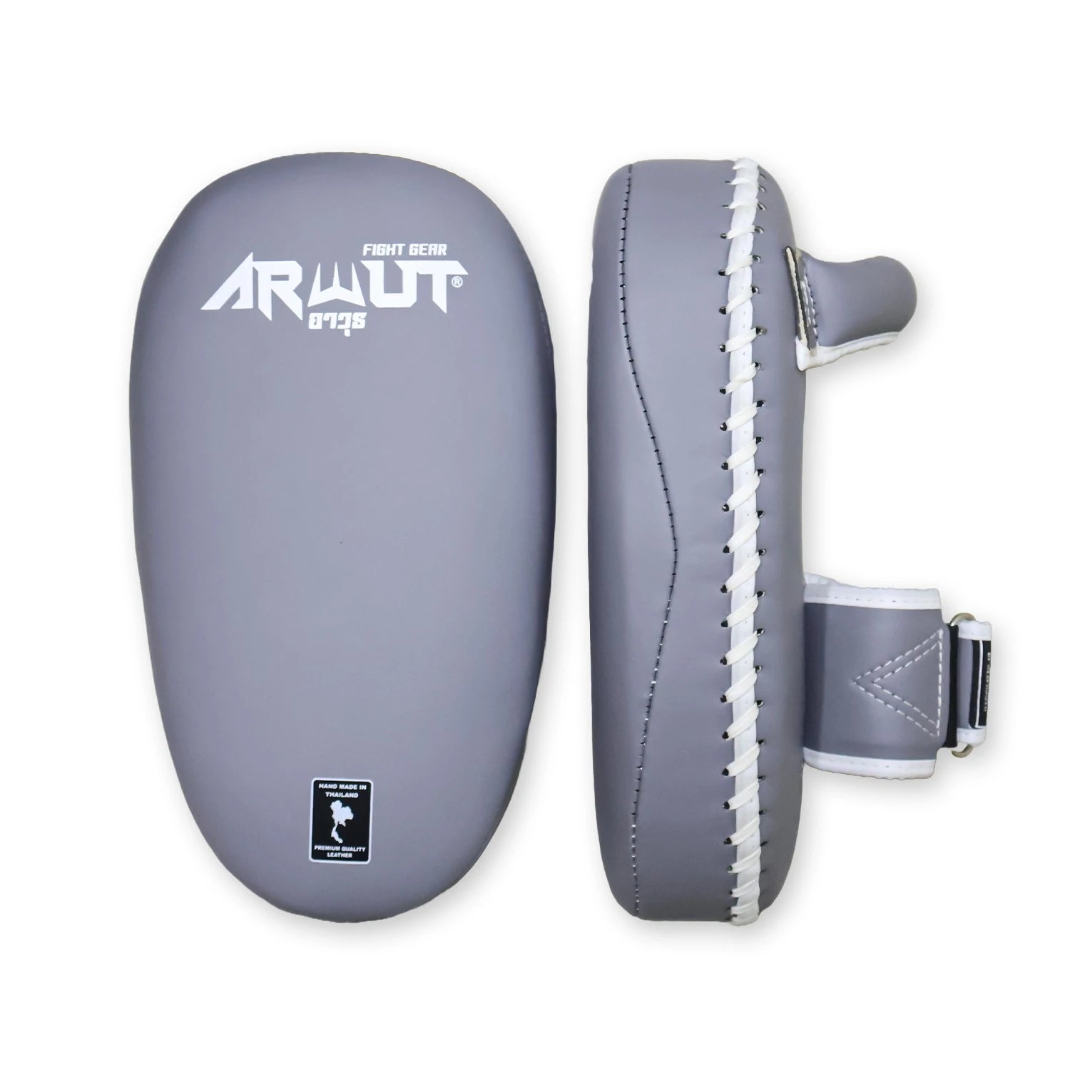 Gray Thai pads with 'Arwut' branding on a white background