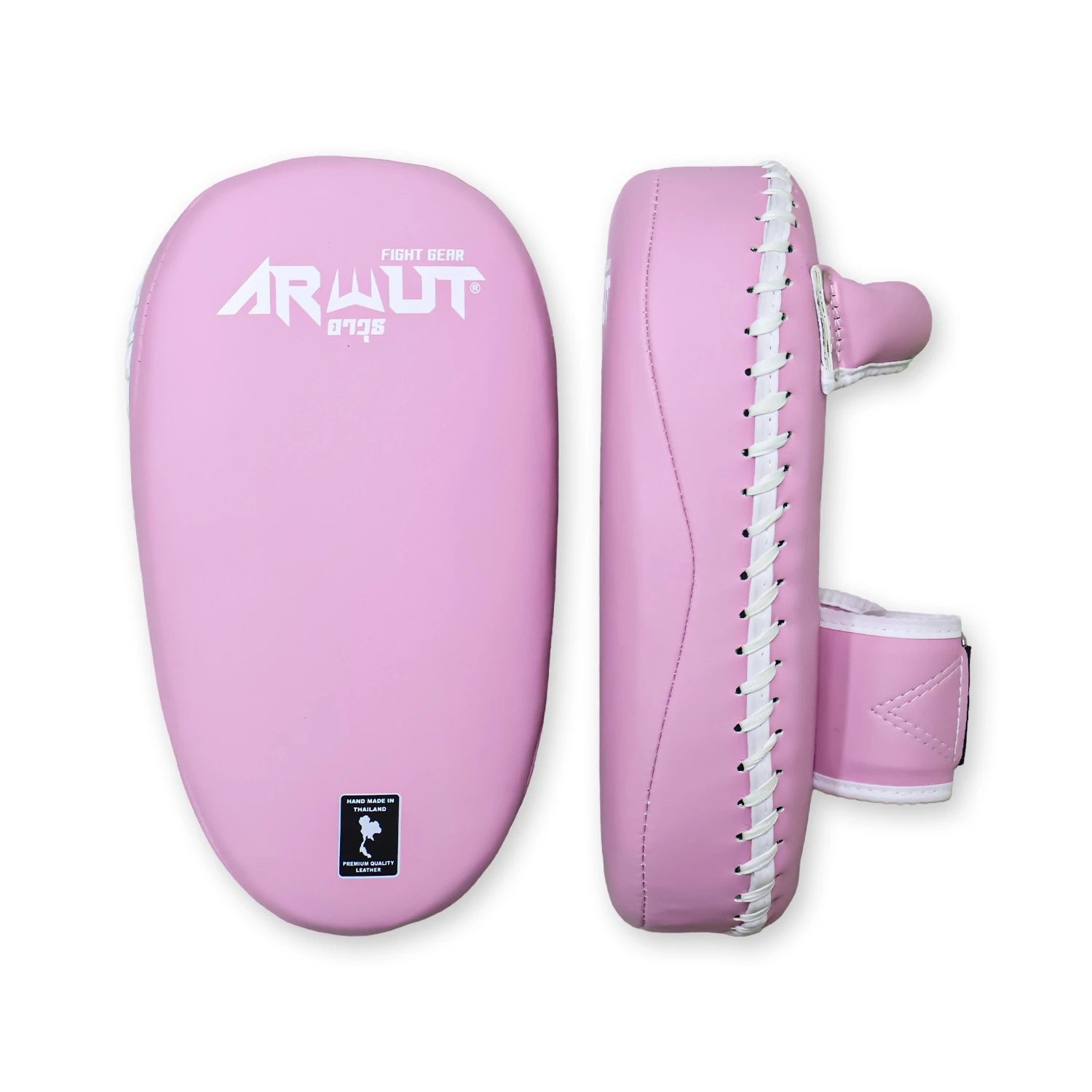 Pink Muay Thai pads with 'Arwut' branding on a white background