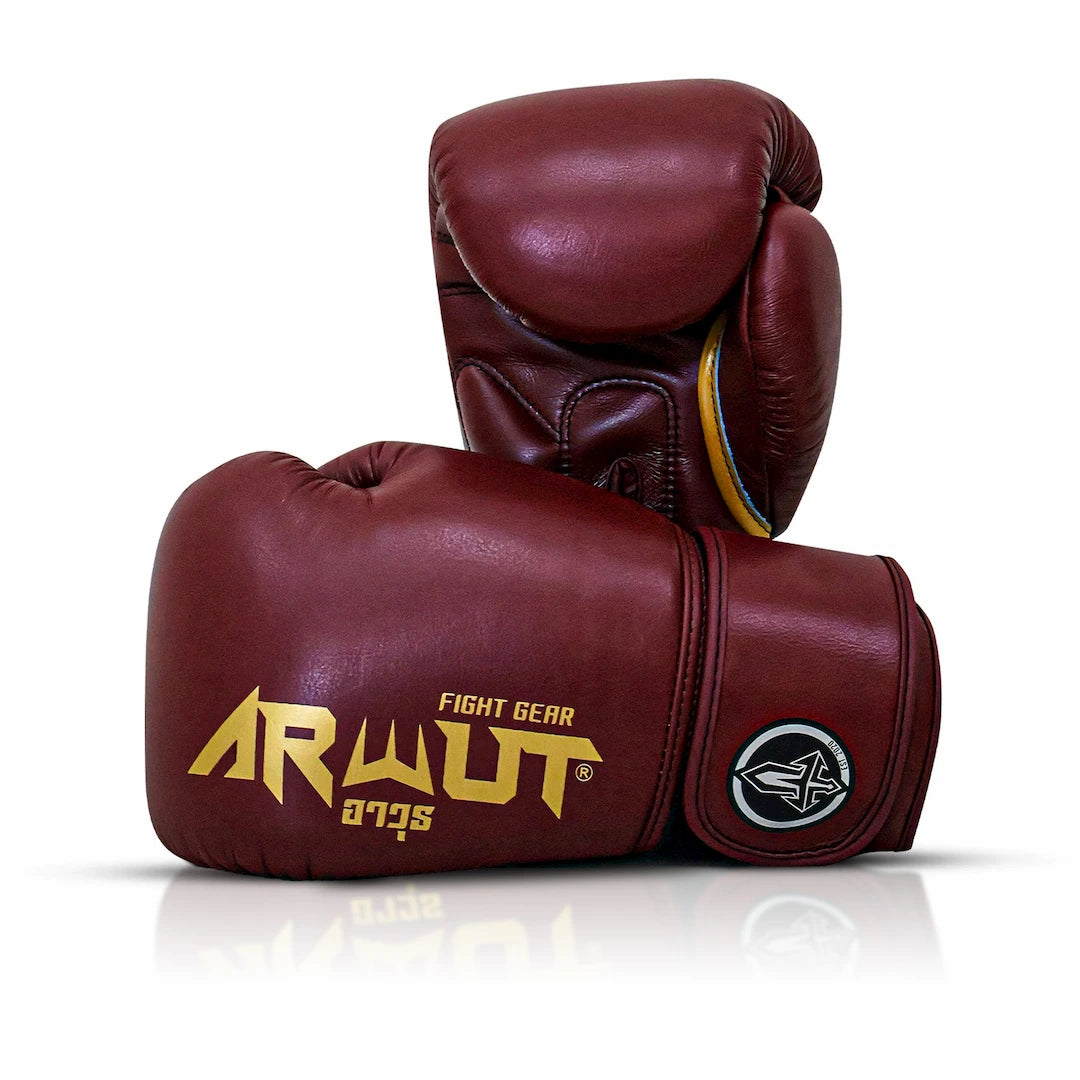 Pair of maroon boxing gloves with 'ARWUT' branding on a white background