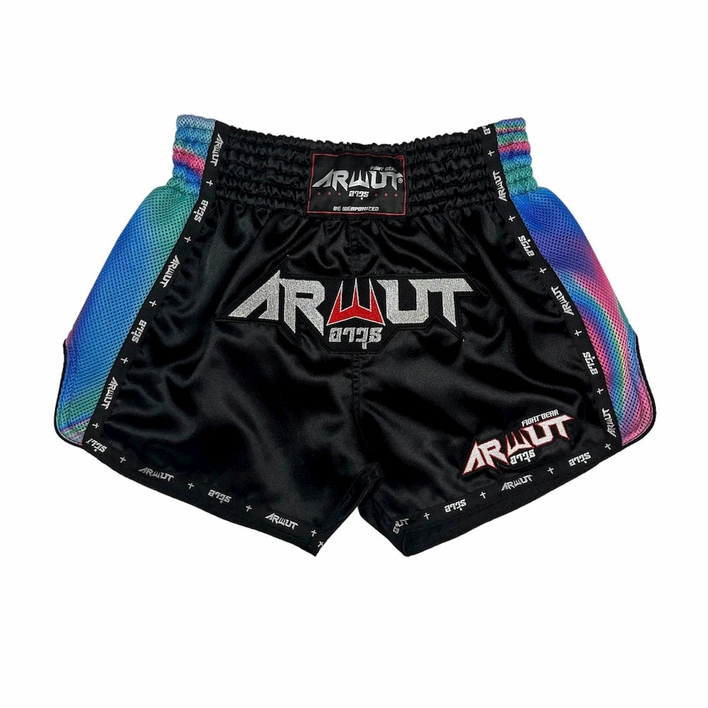 Black Muay Thai shorts with colorful sides and 'Arwut' branding on a white background