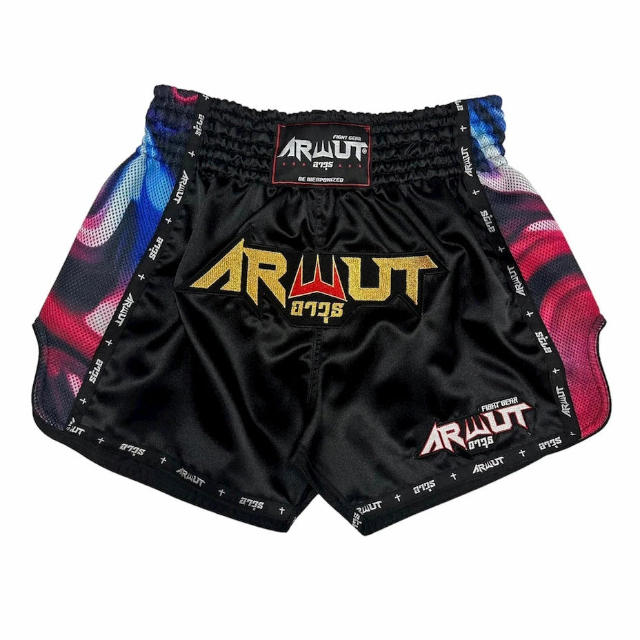 Black Muay Thai shorts with colorful side panels and 'Arwut' branding on a white background