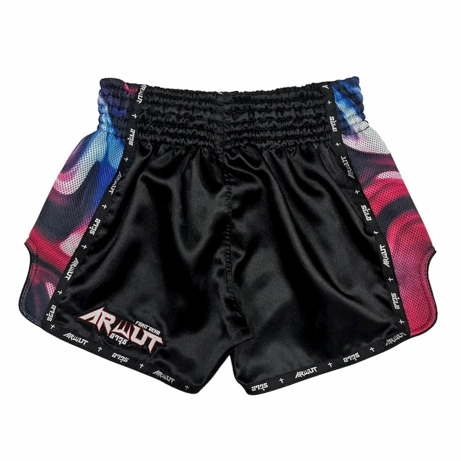 Black Muay Thai shorts with colorful side panels and Arwut logo on a white background