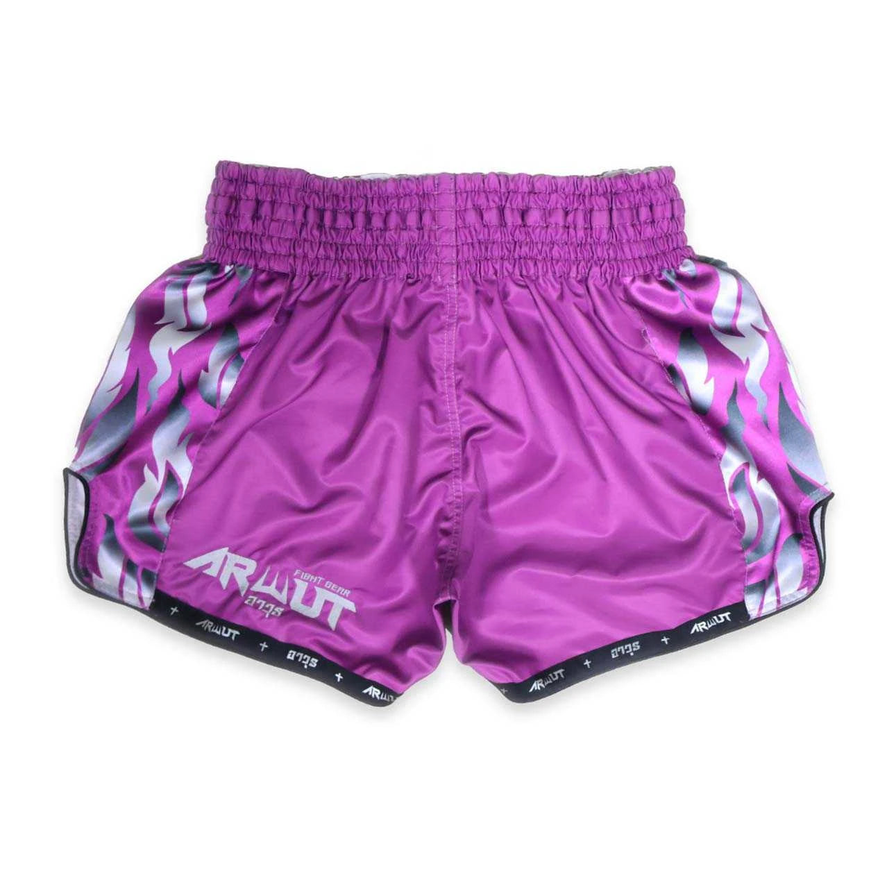 Purple Muay Thai shorts with white logo on a white background