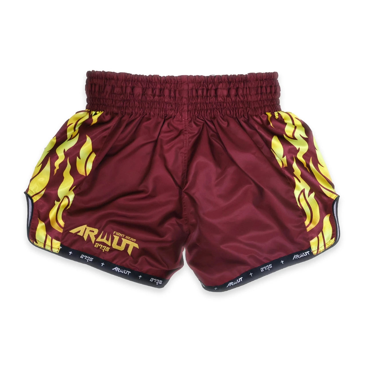 Maroon Muay Thai shorts with yellow flame designs and 'ARWUT' branding on a white background