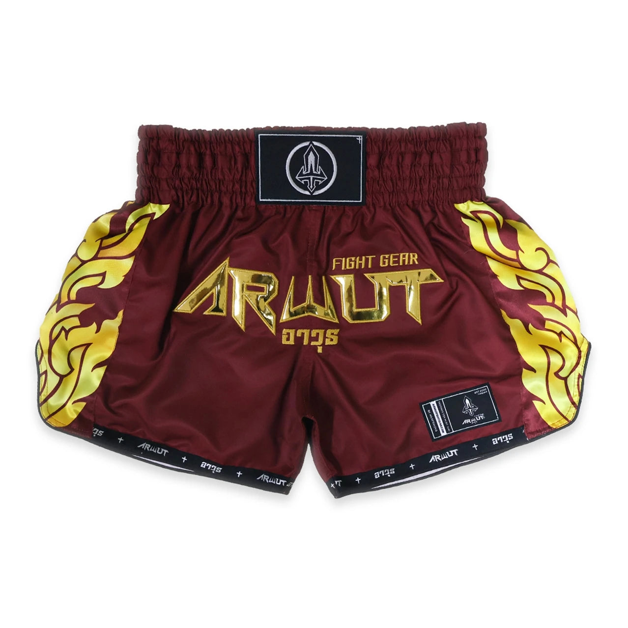 Maroon and gold Muay Thai shorts with 'ARWUT' branding on a white background