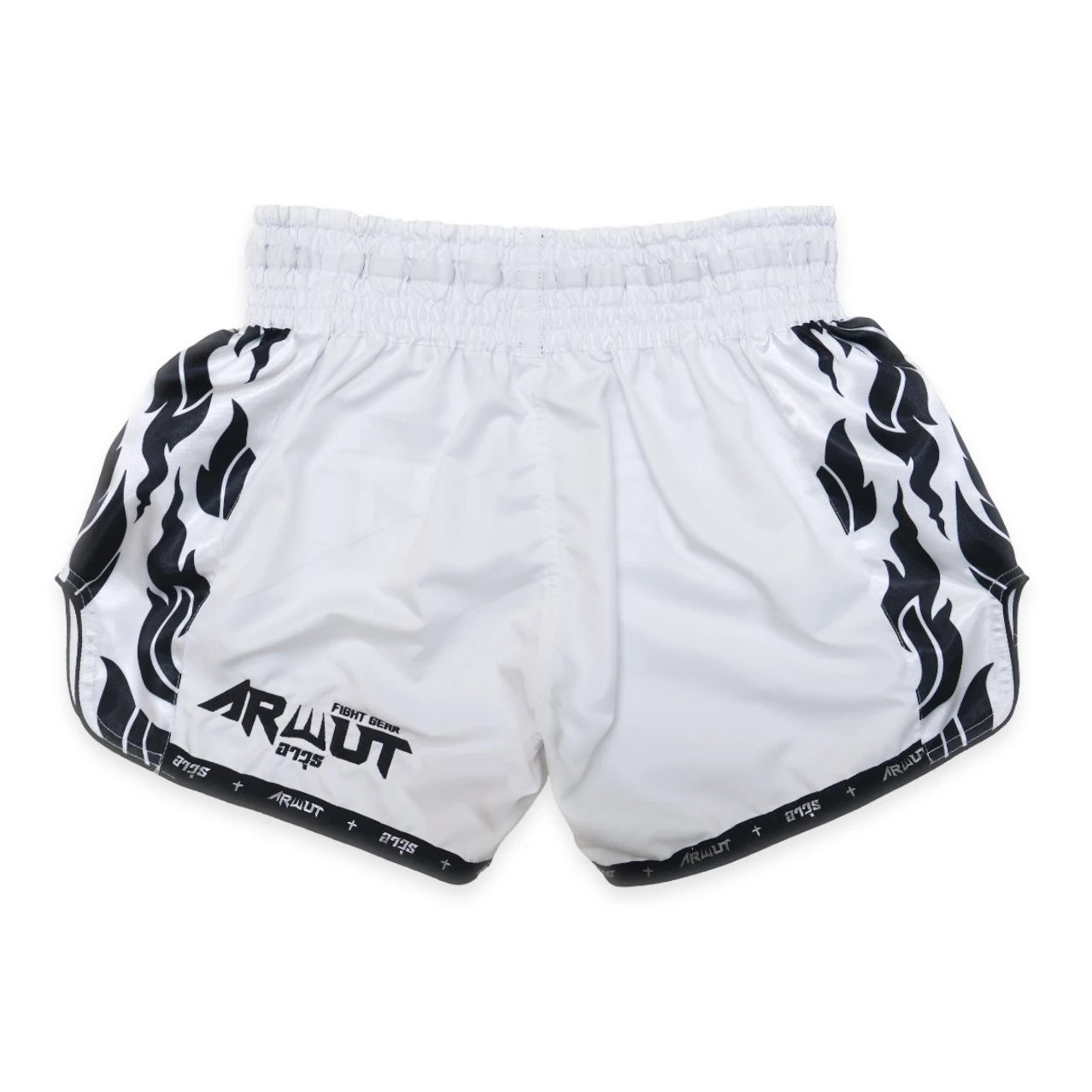 White Muay Thai shorts with black flame designs and branding on a white background