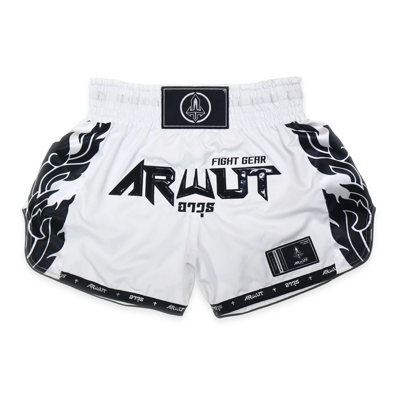 White thai shorts with black designs and 'ARWUT' branding on a white background
