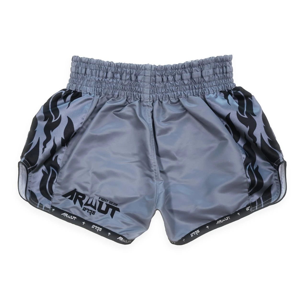 Gray Muay Thai shorts with black flame patterns and 'ARWUT' branding on a white background