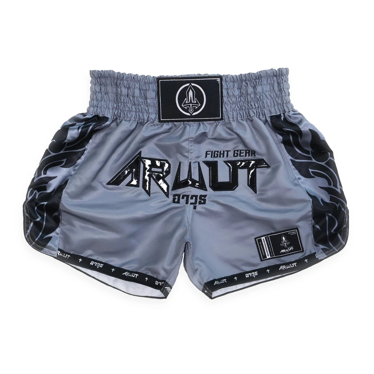 Gray and black Muay Thai fight shorts with 'Arwut' branding on a white background