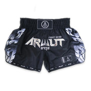 Black Muay Thai shorts with white text and designs on a white background