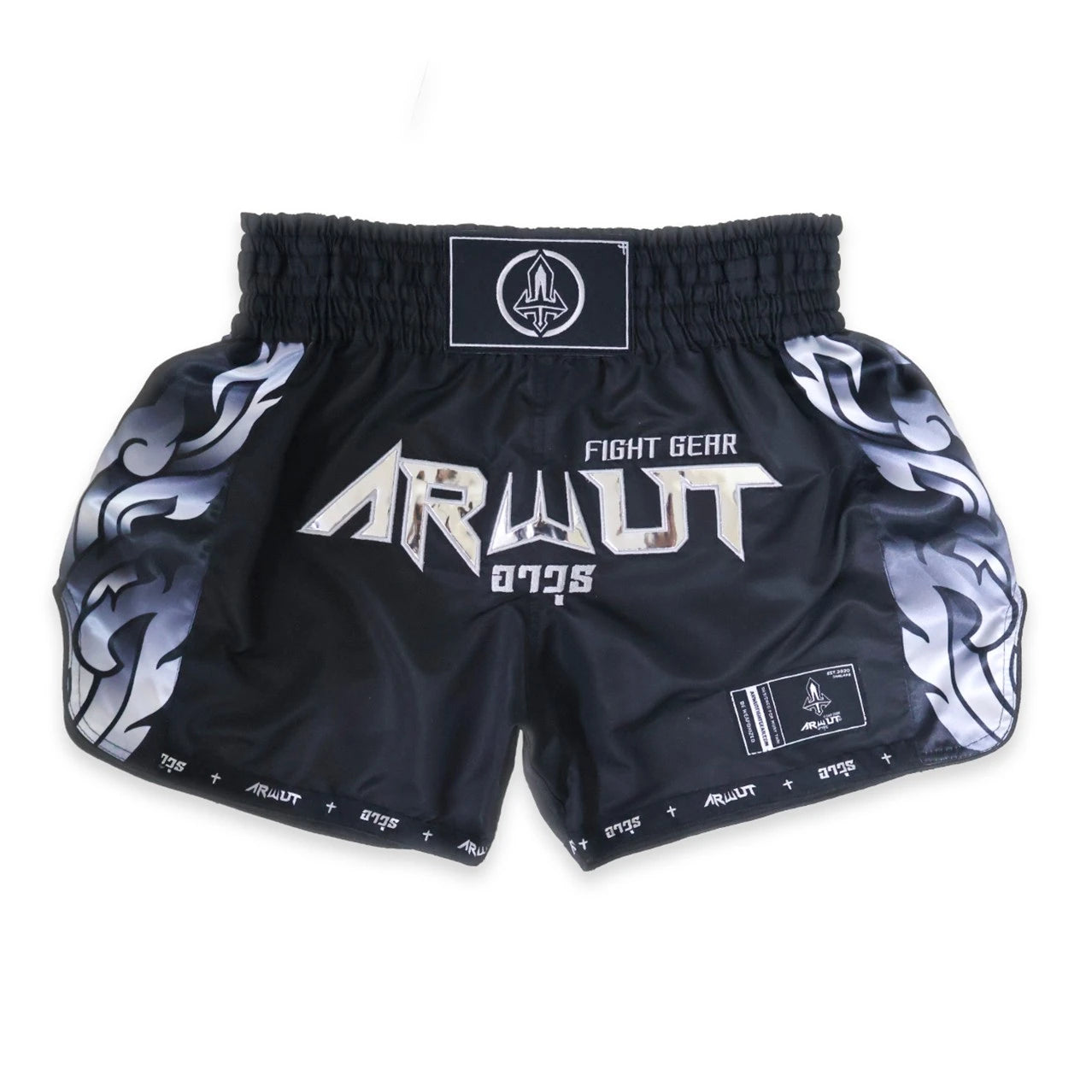 Black Muay Thai shorts with white text and designs on a white background
