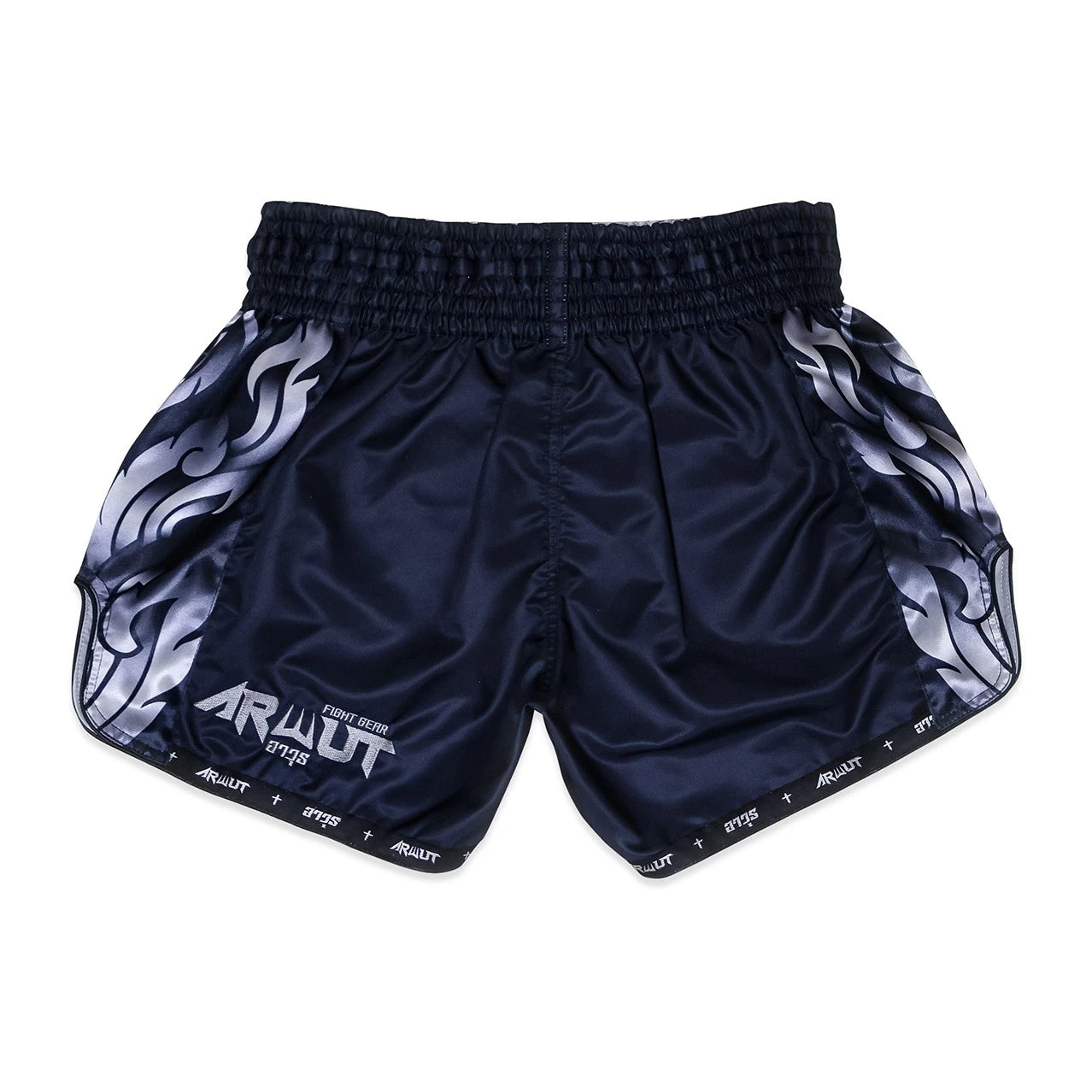 Navy blue Muay Thai shorts with white flame design on a white background