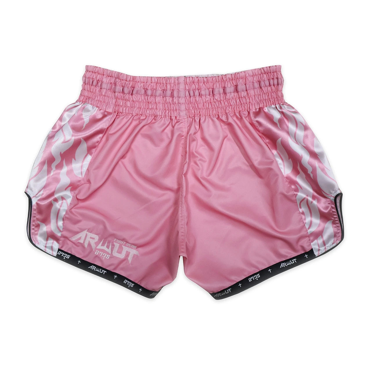 Pink Muay Thai shorts with white patterns on a white background