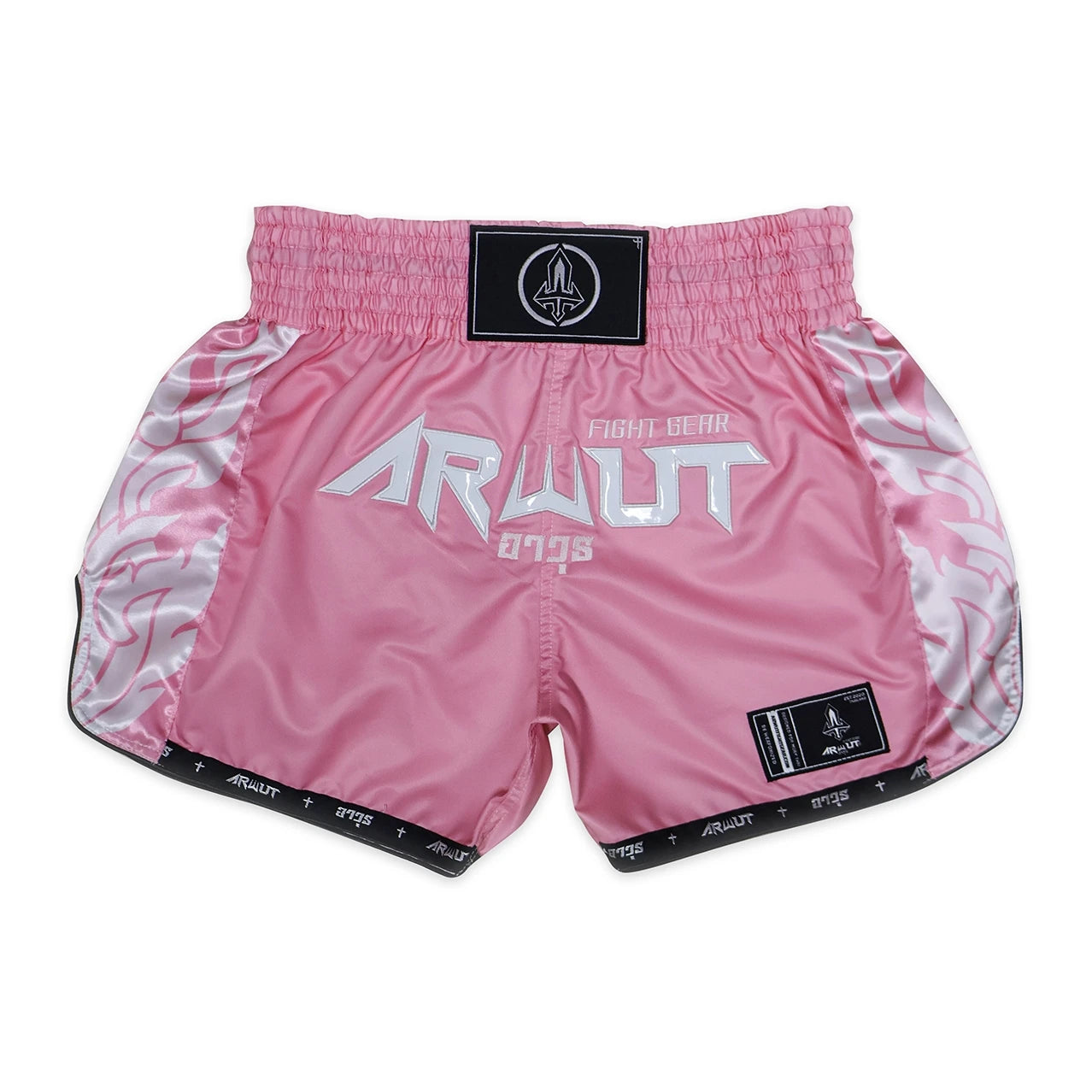 Pink thai boxing shorts with 'ARWUT' branding on a white background