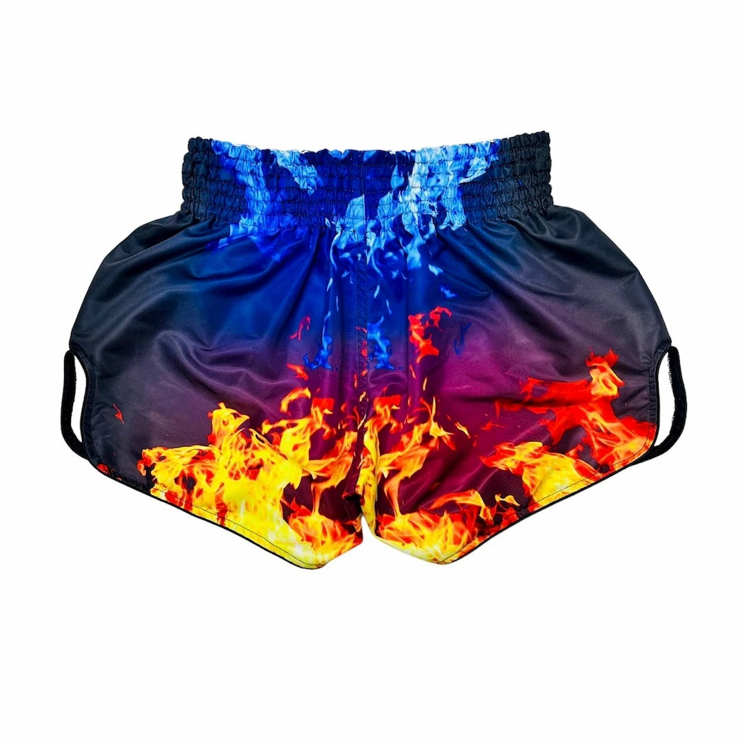 Muay Thai shorts with blue top and fiery design on a white background
