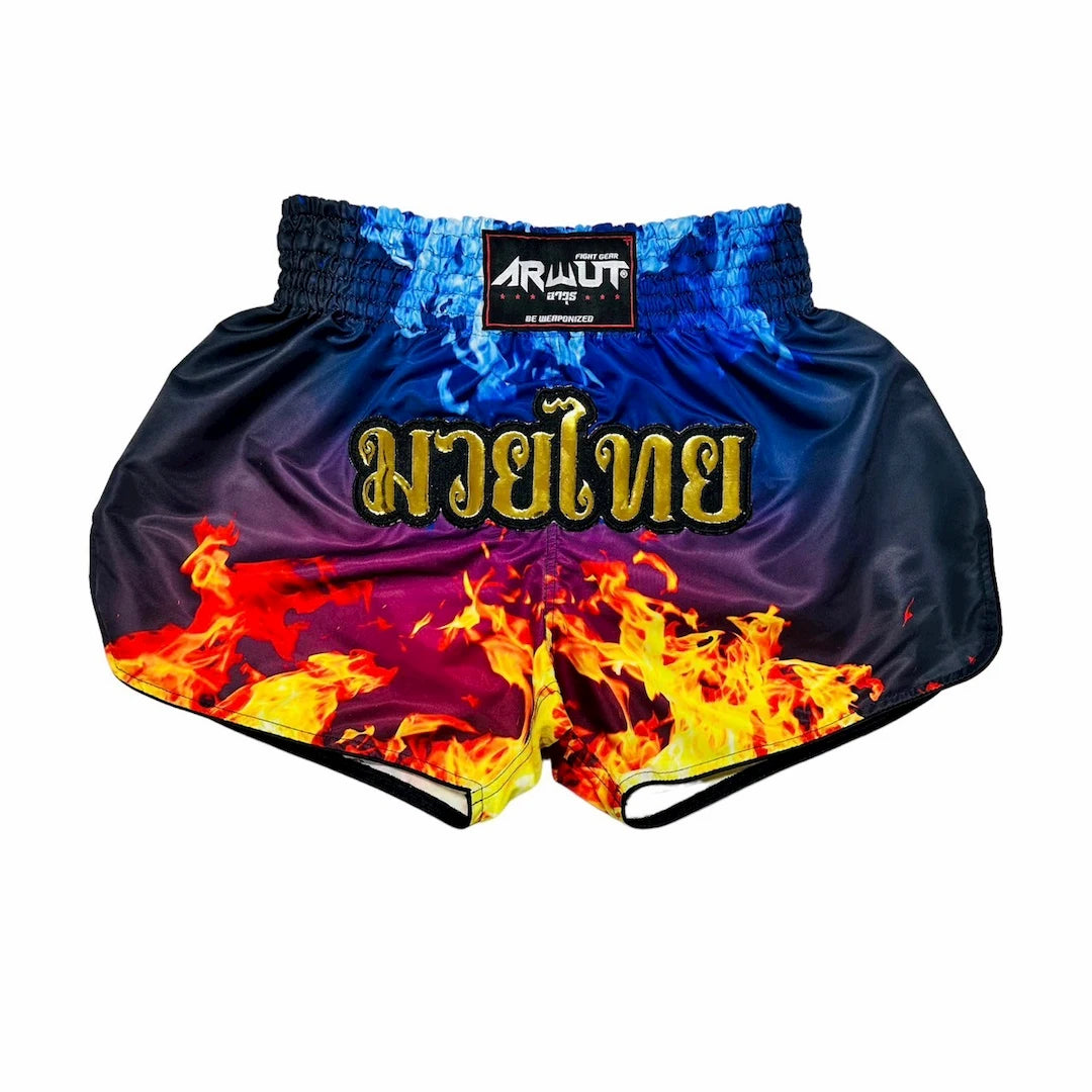 Blue and red Muay Thai shorts with flames on a white background