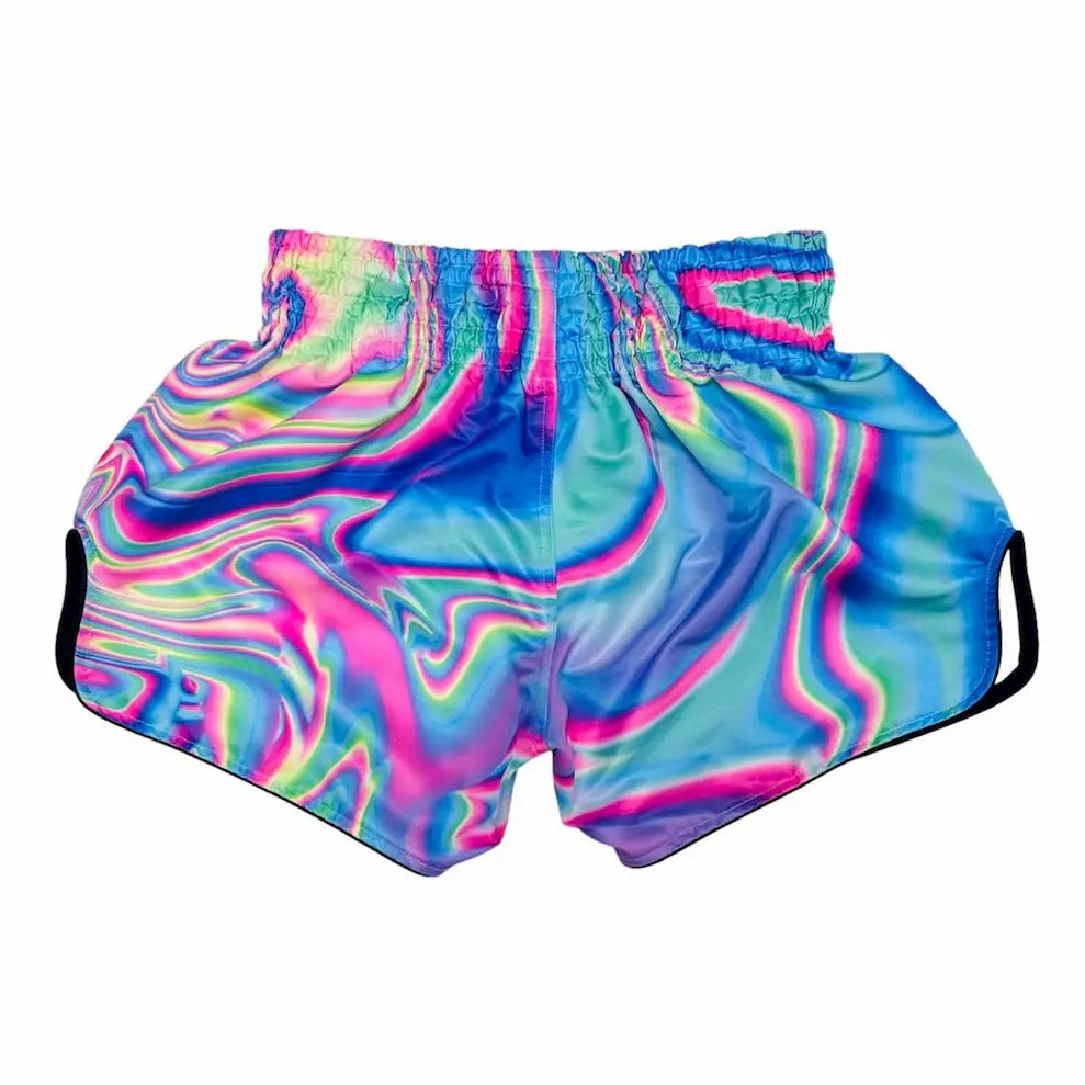 Colorful tie-dye Muay Thai shorts on a white background