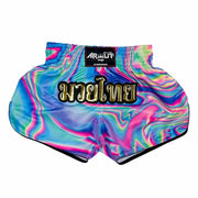 Colorful Muay Thai shorts with an Arwut label on a white background
