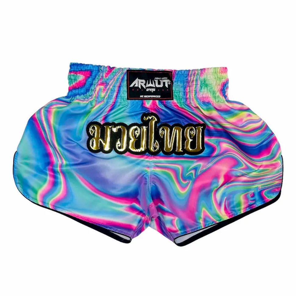 Colorful Muay Thai shorts with an Arwut label on a white background