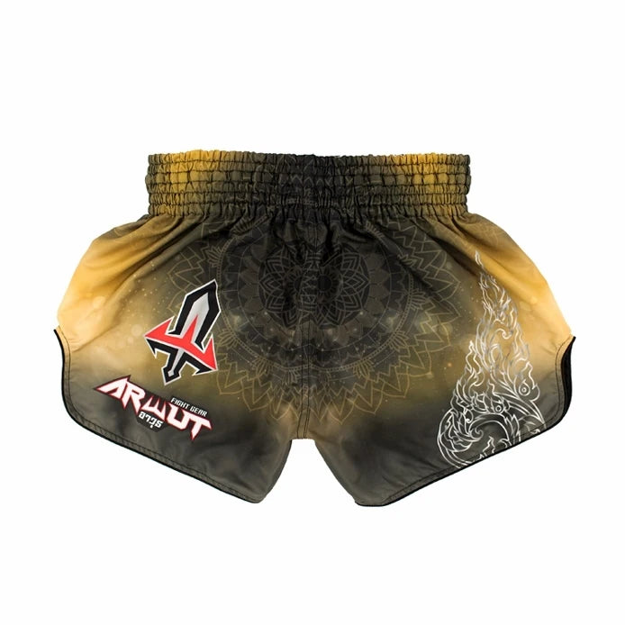 Black and yellow Muay Thai shorts with a logo on a white background