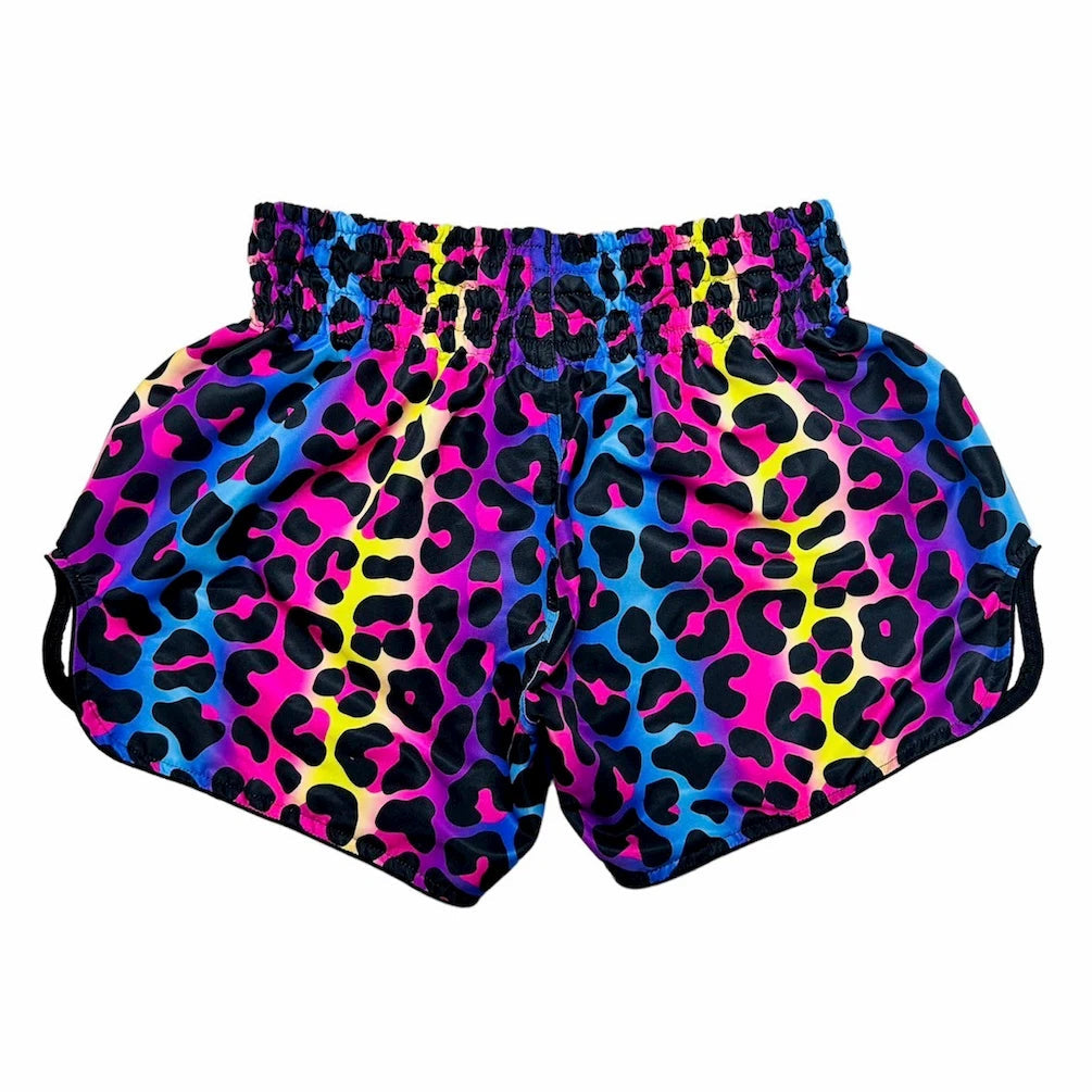 Colorful leopard print Muay Thai shorts on a white background
