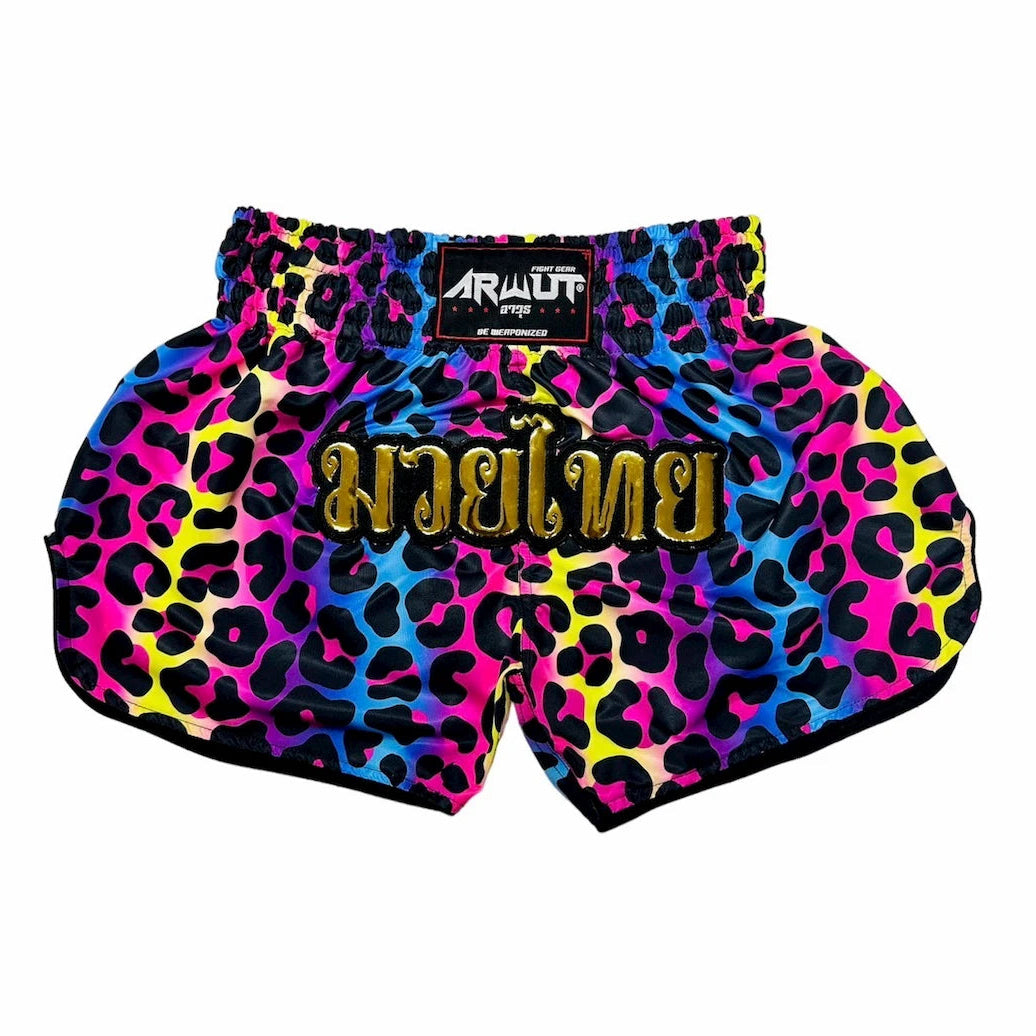 Colorful leopard print Muay Thai shorts with gold text on a white background