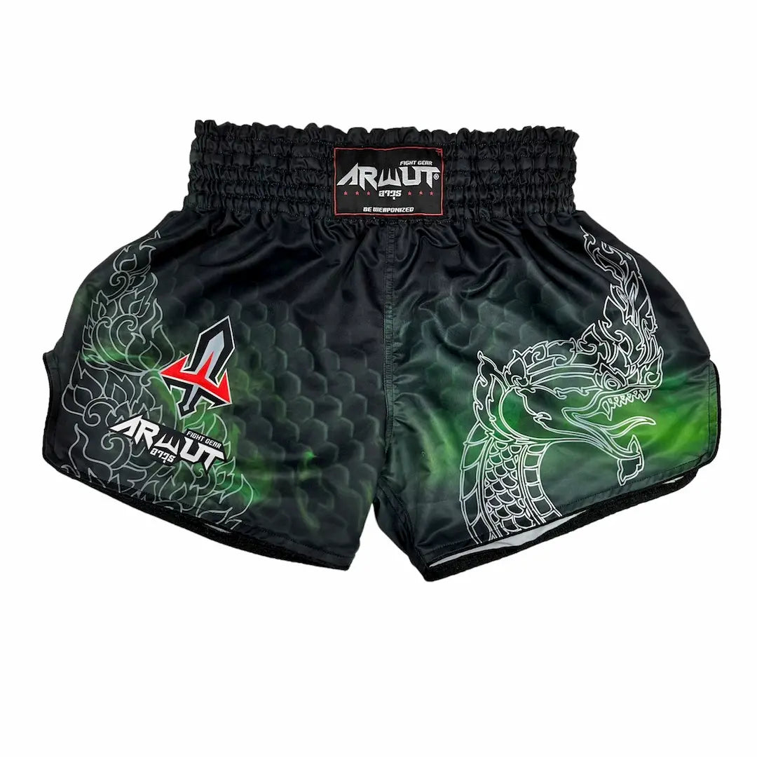 Black and green Muay Thai shorts with dragon design on a white background