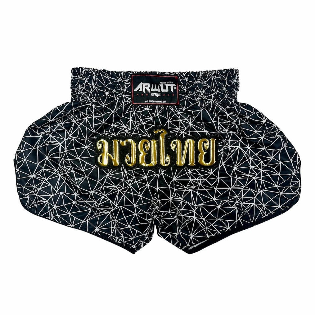 Black and white patterned thai shorts with gold text and Arwut logo on a white background