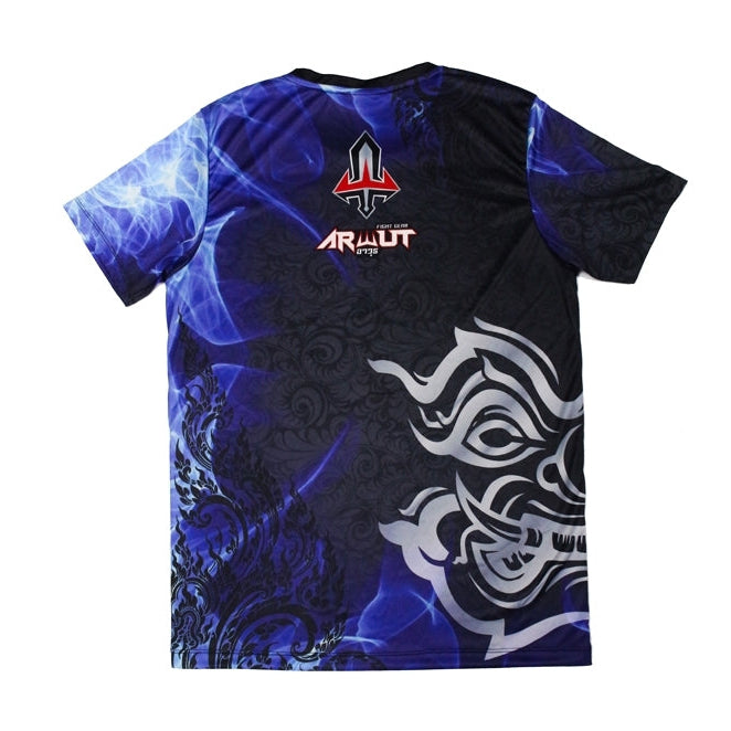 Black and blue shirt with a logo on the chest against a white background