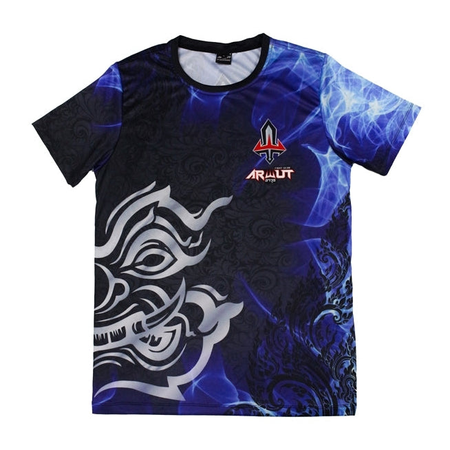 T-shirt with blue and black abstract design and logo on a white background