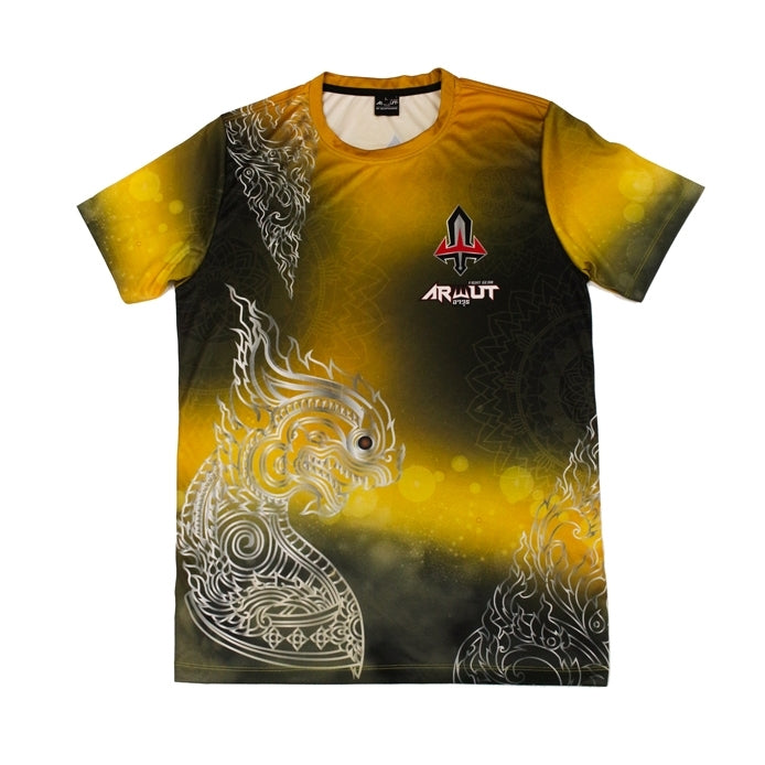 Yellow and black Arwut t-shirt with dragon design and brand logo on a white background