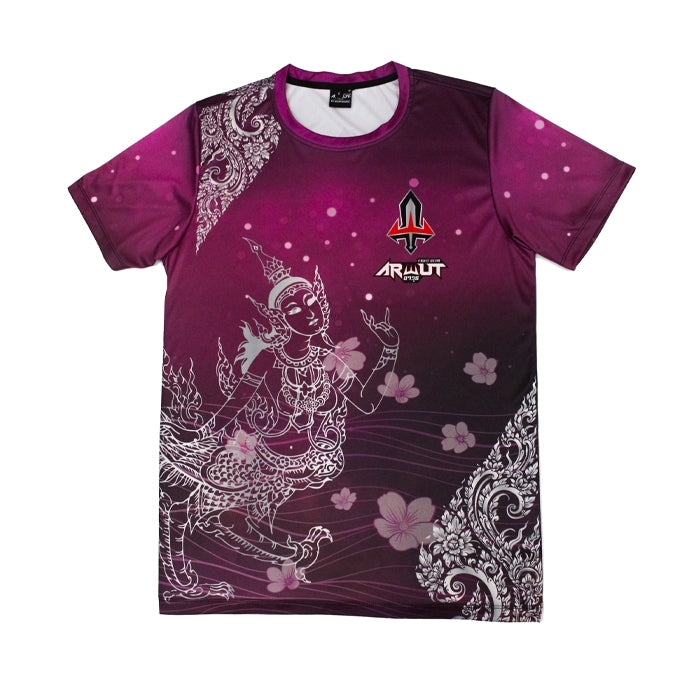 Purple Arwut t-shirt with intricate designs and a logo on a white background
