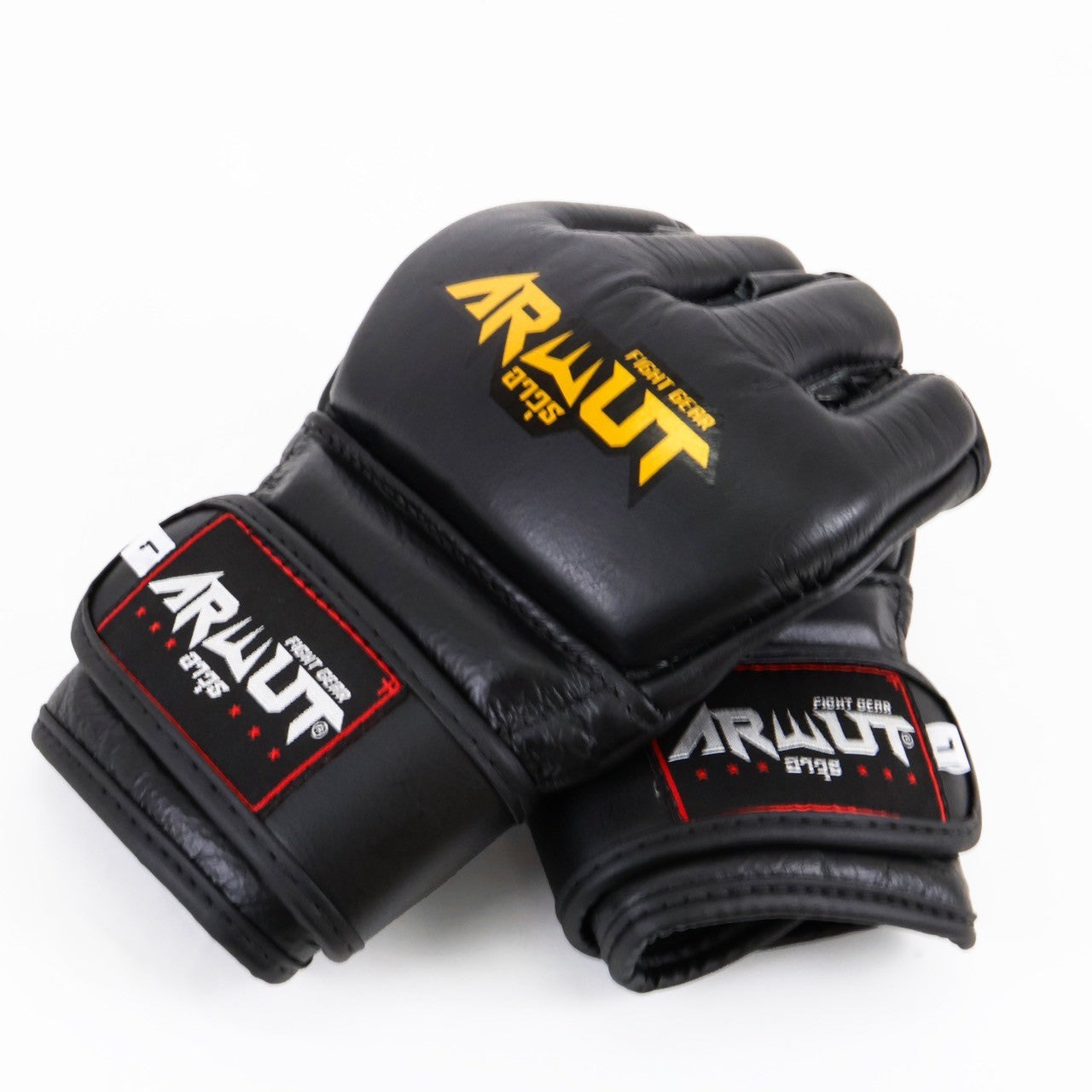 Black MMA gloves with 'ARWUT' branding on a white background