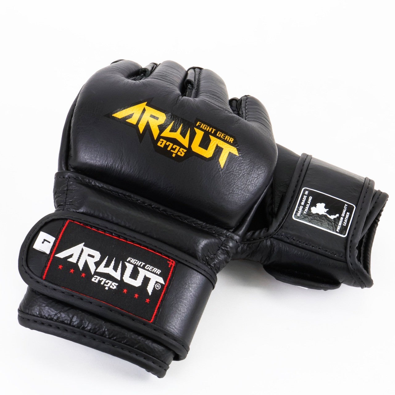 Black MMA gloves with visible Arwut branding on a white background