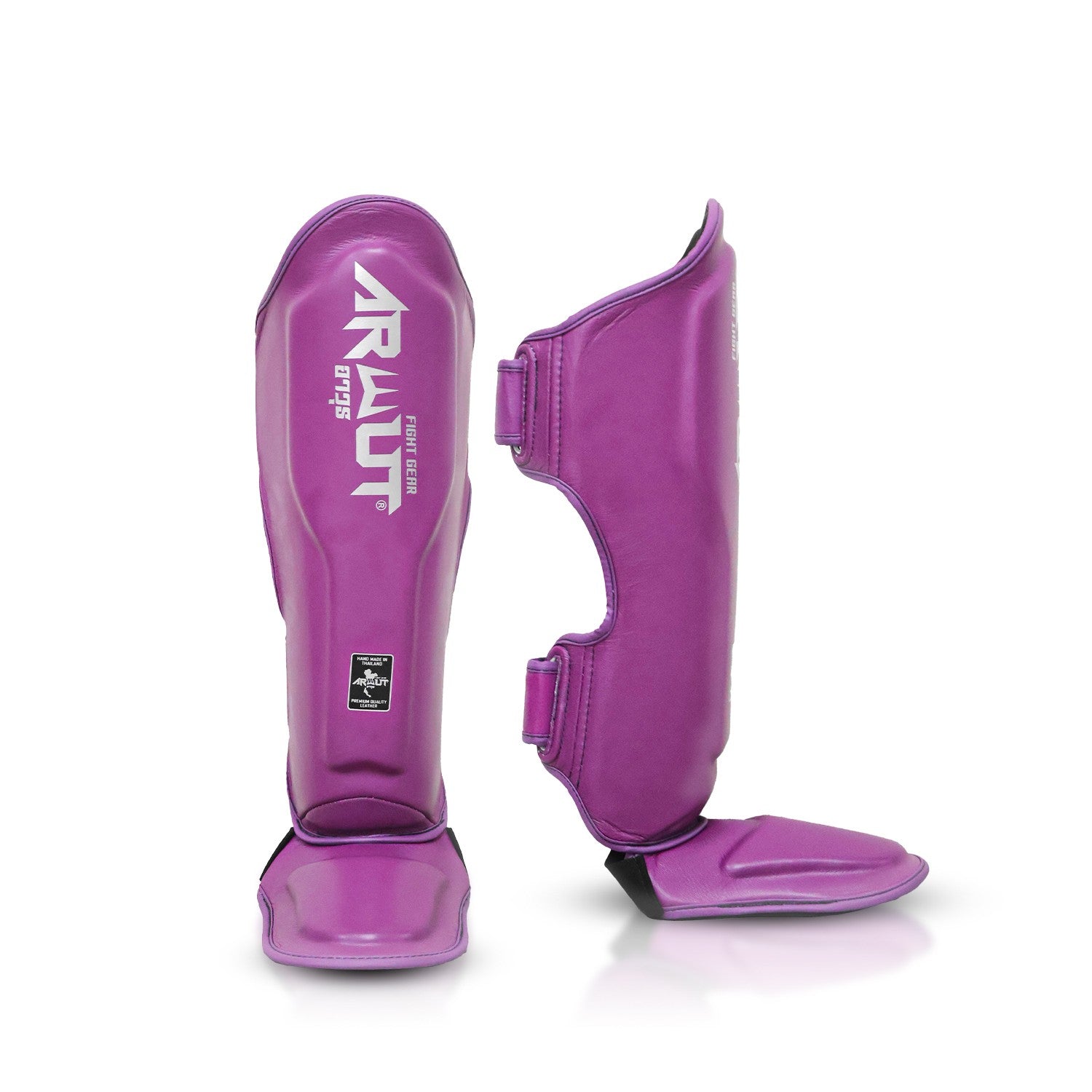 Purple shin guards with 'Arwut' branding on a white background