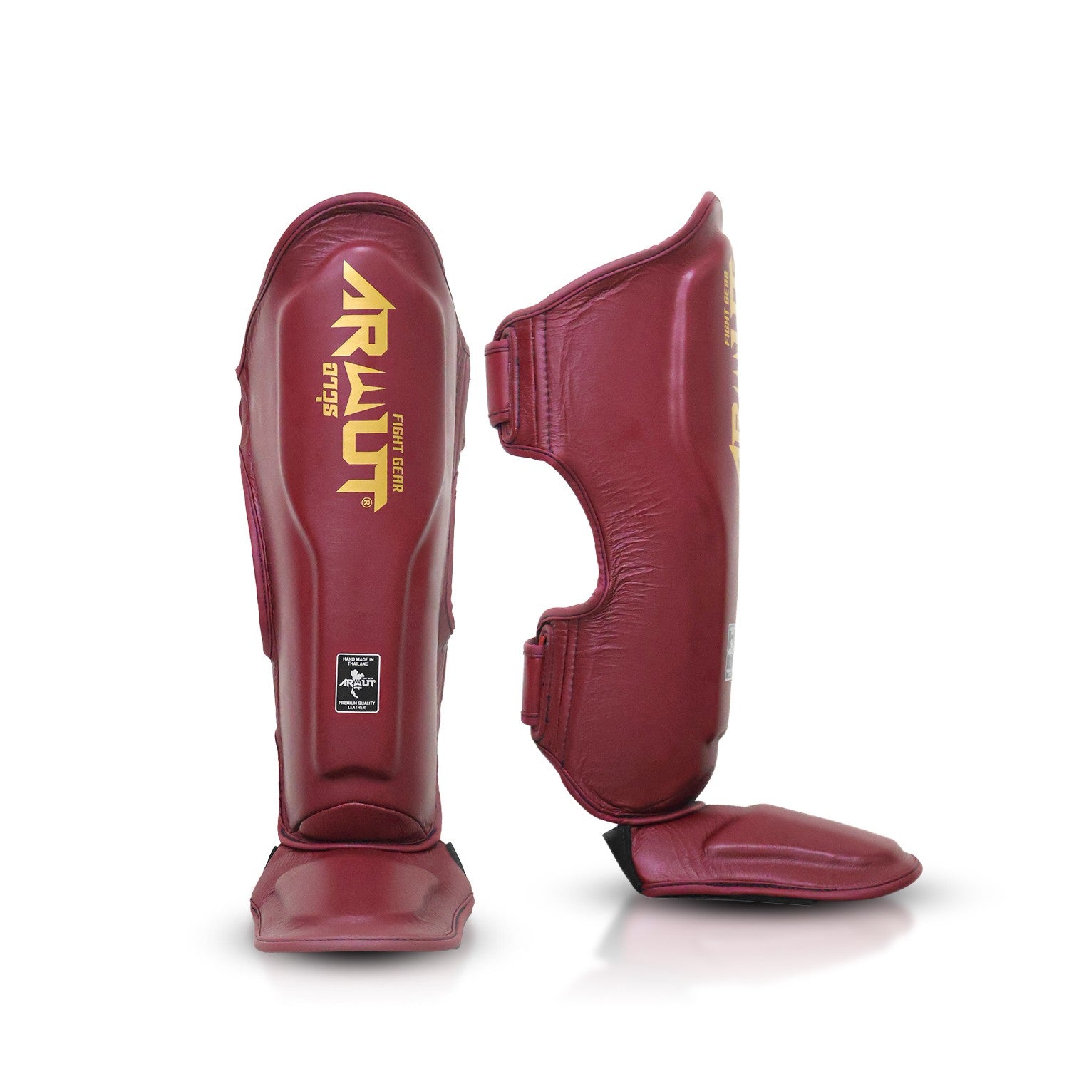 Maroon shin guards with gold Arwut branding on a white background