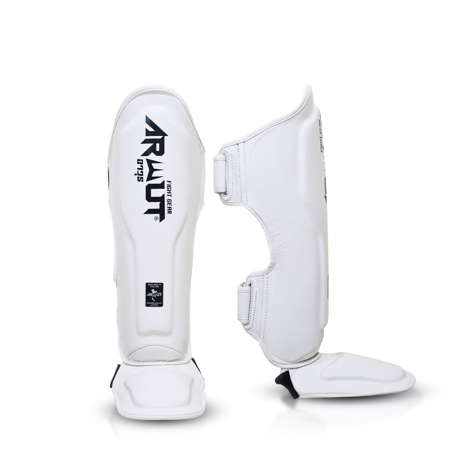 White Muay Thai shin guards with 'Arwut' branding on a white background