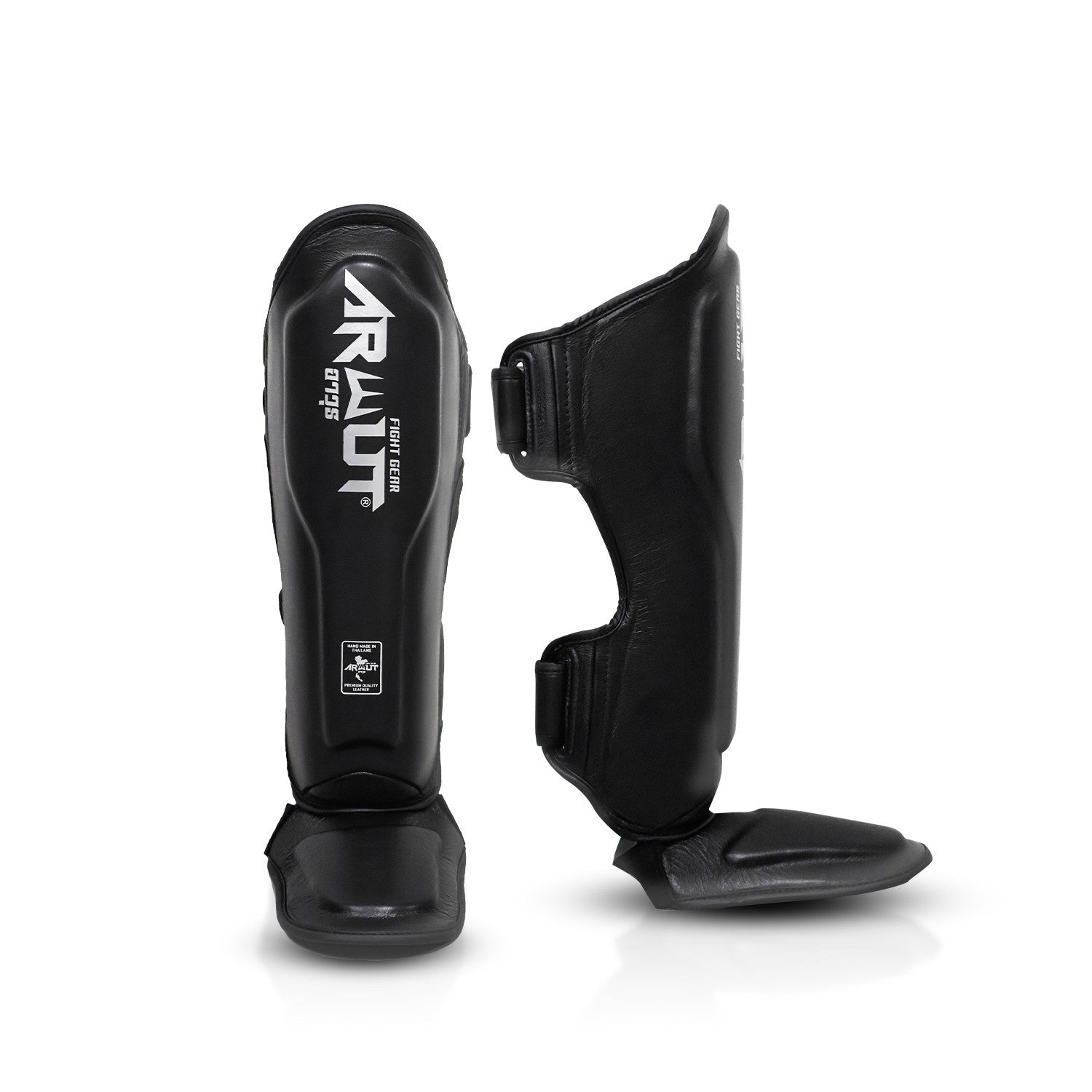 Black shin guards with an Arwut logo on a white background