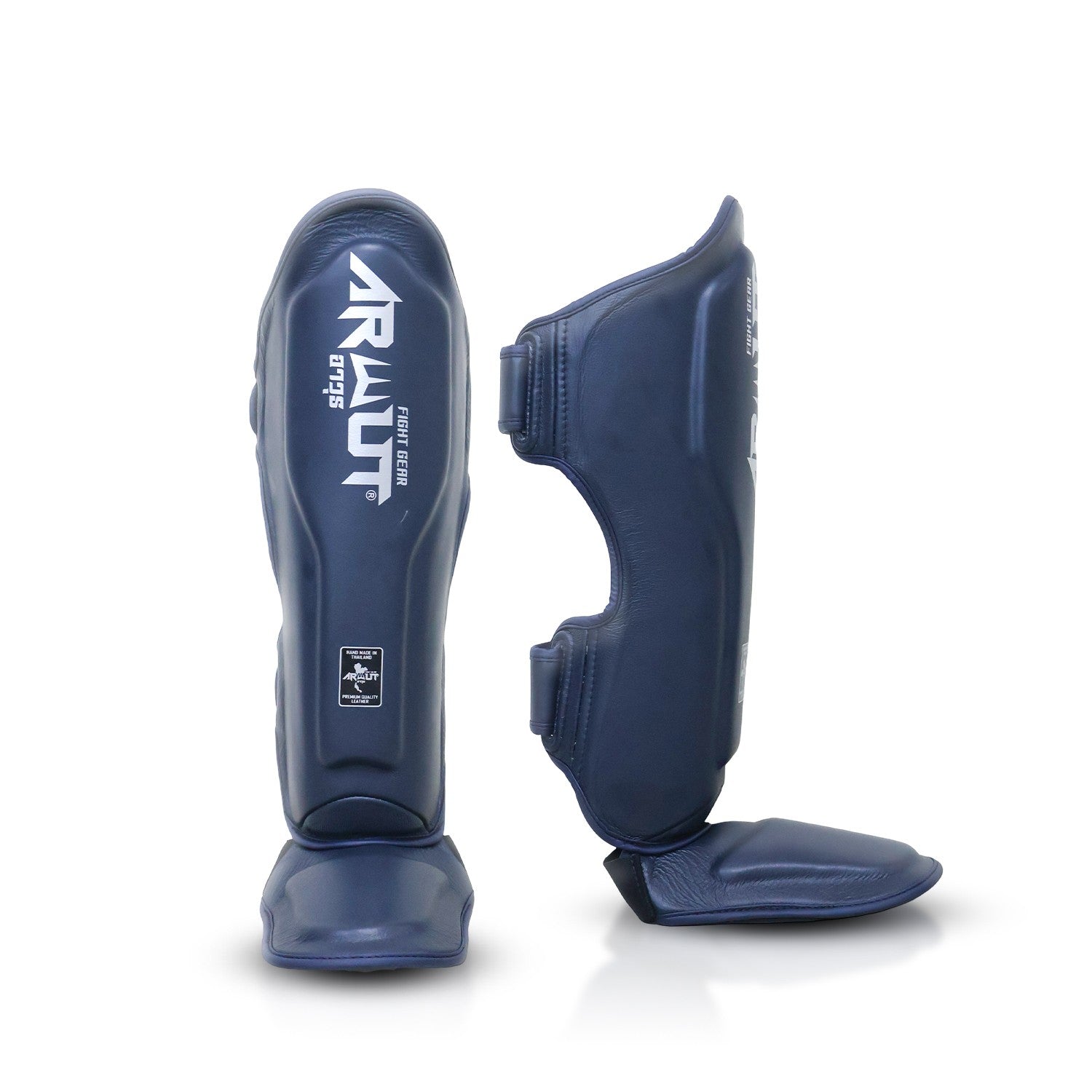 Pair of blue shin guards with a brand logo on a white background