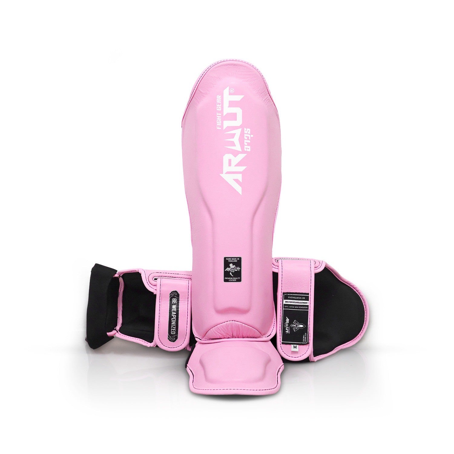 Pink shin guards with 'Arwut' branding on a white background