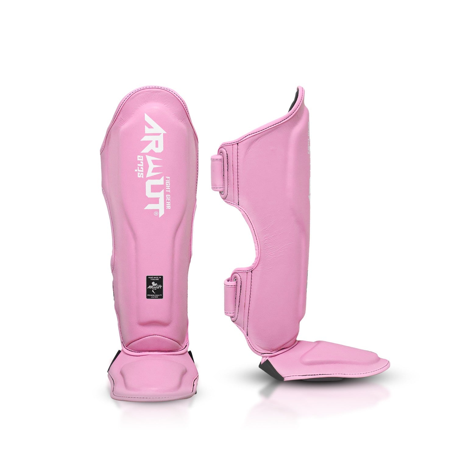 Pink shin guards with 'Arwut' branding on a white background