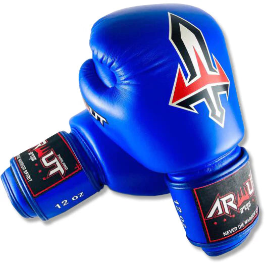 Blue Arwut boxing gloves with brand logo on a white background