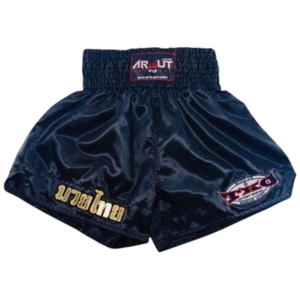 Black Muay Thai boxing shorts with visible branding on a white background